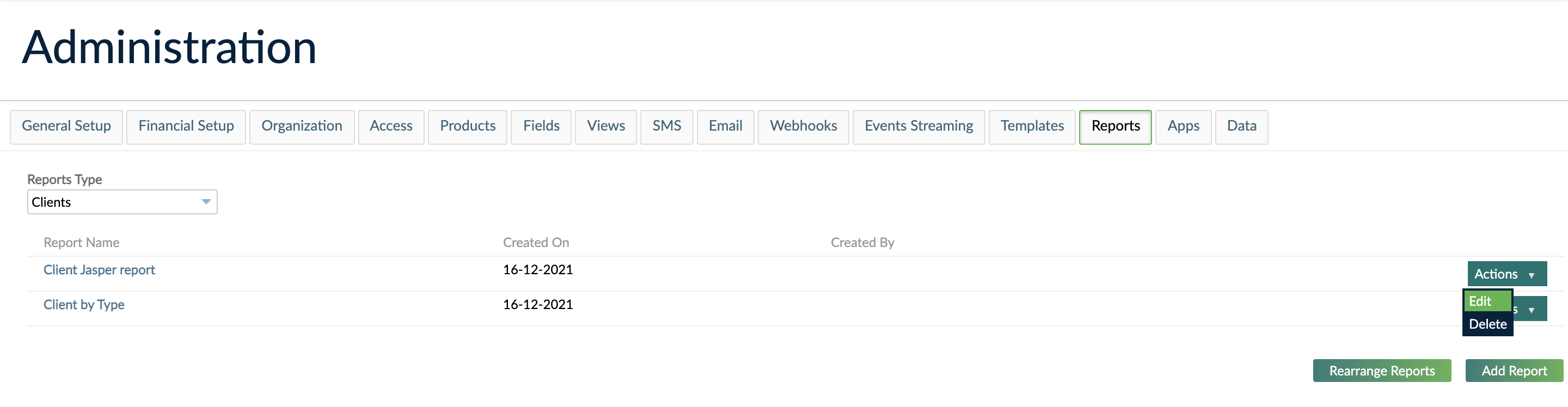 List of jasper report templates to edit, delete, or rearrange